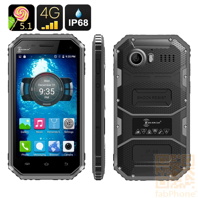Ken Xin Da W6 Outdoor Handy, IP68 wasserdicht, staubdicht, schockresistent, Android 5.1, LTE, 4.5 Zoll Display, 64bit QuadCore mit 1GB Ram in Schwarz