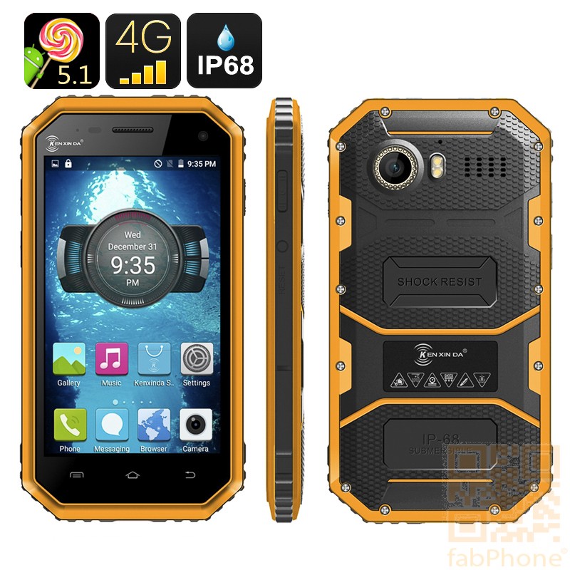 Ken Xin Da W6 Outdoor Handy, IP68 wasserdicht, staubdicht, schockresistent, Android 5.1, LTE, 4.5 Zoll Display, 64bit QuadCore mit 1GB Ram in Orange