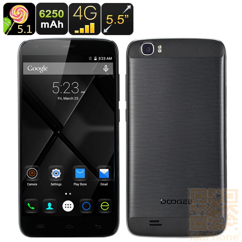 Doogee T6 Smartphone, 5.5 Zoll HD Display, 64Bit Quad Core CPU mit 2GB Ram, 6250mAh Akku, Android 5.1, LTE in Schwarz