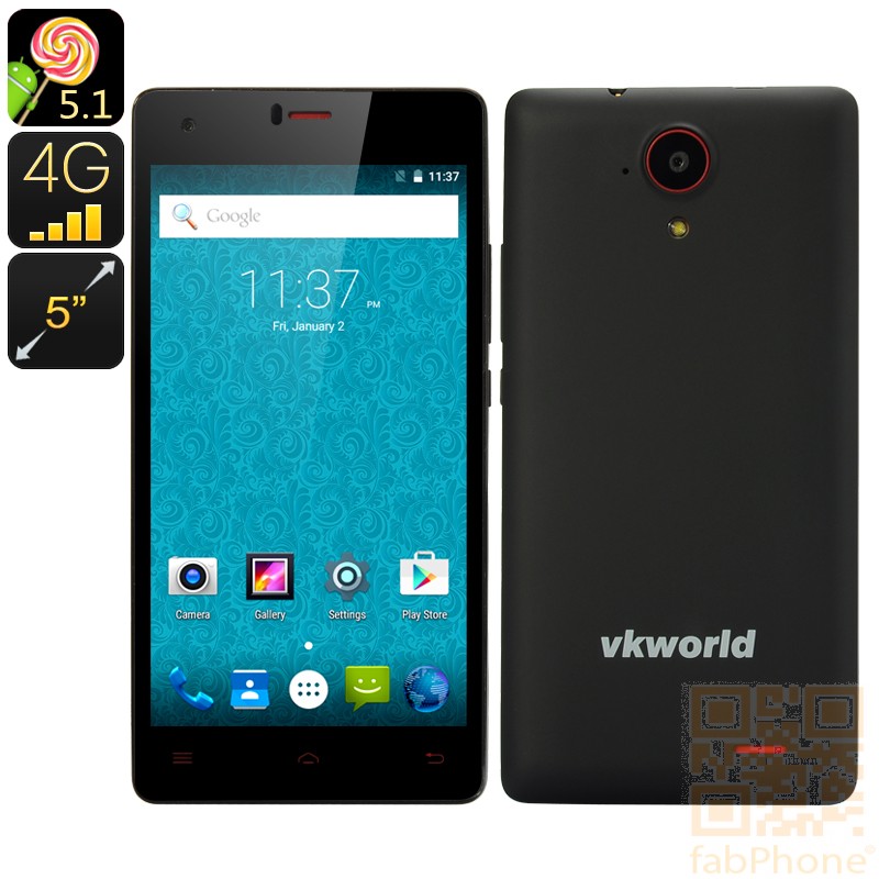 VKWorld VK6735x Smartphone mit Android 5.1 Lollipop, LTE, 5 Zoll HD Display, 64 Bit Quad Core mit 1GB Ram + 8GB Speicher, in Schwarz