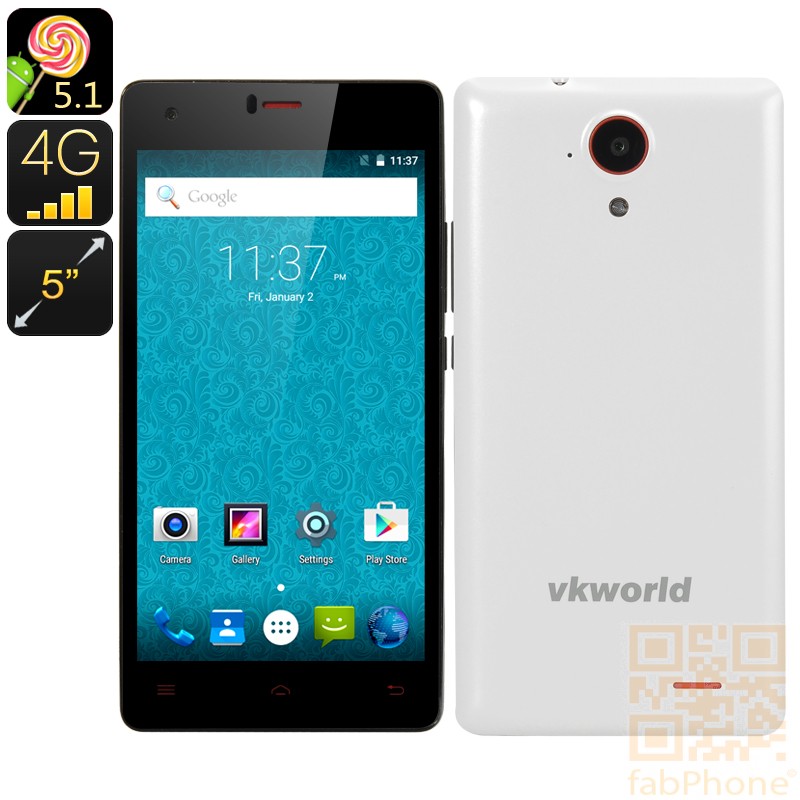 VKWorld VK6735x Smartphone mit Android 5.1 Lollipop, LTE, 5 Zoll HD Display, 64 Bit Quad Core mit 1GB Ram + 8GB Speicher, in Weiß